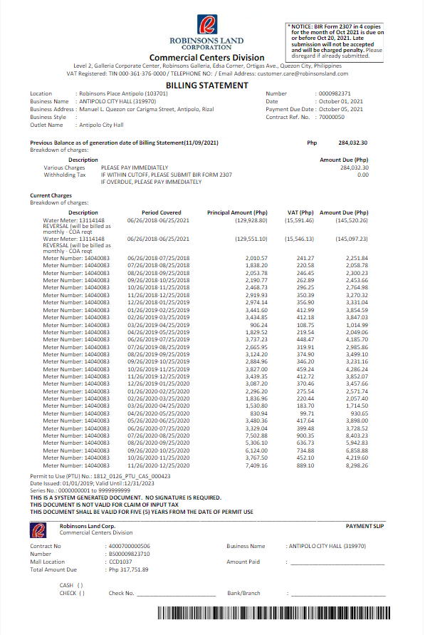 PHILIPPINES ROBINSON LAND CORPORATION utility bill Word and PDF template